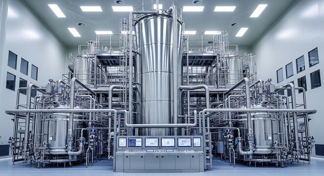 Cleanroom laboratory with complex stainless steel fermentation tanks pipes and control panel