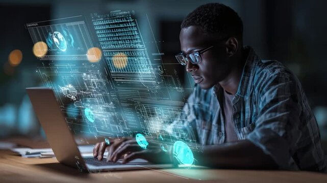 Tech-Savvy Vision: A focused individual, illuminated by the glow of a laptop screen and holographic data visualizations, delves into the intricacies of cutting-edge technology.