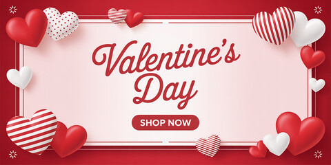 Valentine's Day frame with red and white hearts surrounding a shop now call to action Keywords: Valentine's Day