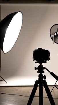Studio setup with camera on tripod and large light modifier
