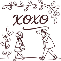 XOXO Valentine hand lettering typography with cute couple illustration