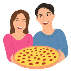 couple holding pizza