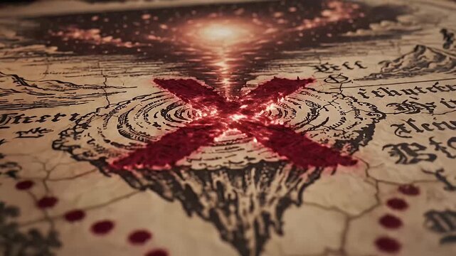 Ancient map with marked path and candlelight illumination