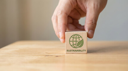 Climate change concept with hand placing wooden block showing sustainability and global warming concern