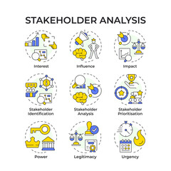 Fototapeta premium Stakeholder analysis multi color concept icons. Interest growth, business management. Startup investment. Icon pack. Vector images. Round shape illustrations for booklet, article. Abstract idea