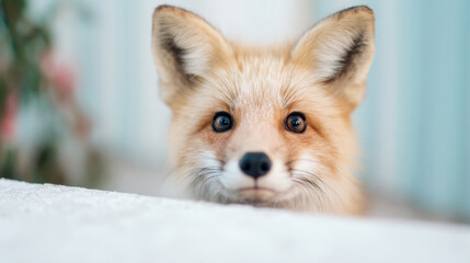 Fototapeta premium Fox looking curiously from behind a low surface in a bright room