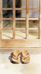 Traditional wooden sandals placed at the entrance of a Japanese house  