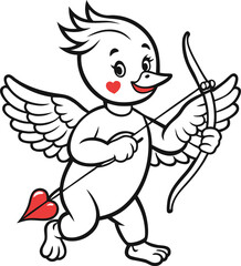 Cute cupid bird character with bow and arrow Valentine illustration