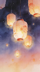 Colorful lanterns glowing in the night sky with a watercolor background  