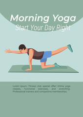 Morning yoga poster with man practicing balance exercise on mat. Flat vector illustration for fitness websites, yoga apps, wellness platforms and online workouts.