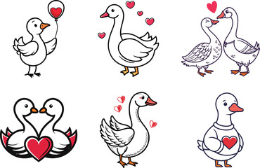 Cute love bird character illustration set with hearts Valentine design