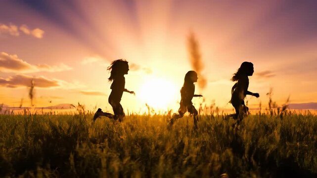 Children run joyfully in golden sunset. Their laughter fills air as they play freely in vast grass field. Vibrant atmosphere captures essence of carefree childhood.