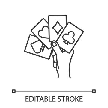 Hand holding four aces linear icon. Playing cards. Poker. Kare. Thin line illustration. Contour symbol. Vector isolated outline drawing. Editable stroke
