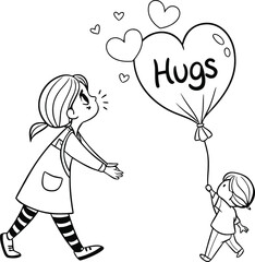 Cute children walking with hugs text and hearts friendship illustration
