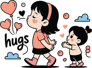 Cute children walking with hugs text and hearts friendship illustration