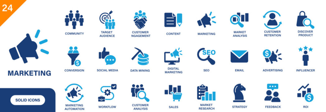Marketing icon. Including advertising, market analysis, target audience, social media, conversion. Solid vector icons collection.