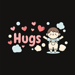 Cute child character with hugs text and hearts Valentine illustration