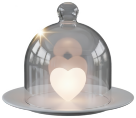 Glowing heart png Protected love cutout Transparent cloche png Glass dome cutout White plate png Luminous affection cutout Clear cover png isolated transparent background image