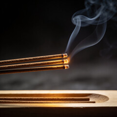 Incense sticks releasing smoke above a wooden holder in low light  