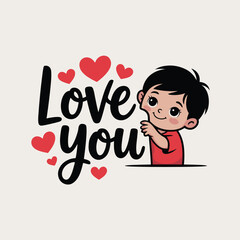 Cute boy character with love you text and hearts Valentine illustration