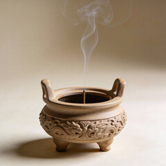 Ceramic incense holder with smoke rising in soft lighting  