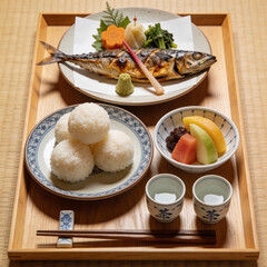 Traditional Japanese food platter with grilled fish and rice balls  