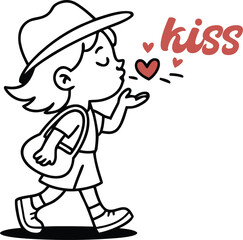 Cute girl blowing kiss hand drawn illustration with heart for Valentine&rsquo;s Day