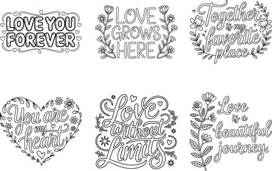 Romantic love quote hand lettering typography set with hearts and floral elements
