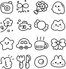 Kawaii hand drawn doodle icon set, cute lifestyle elements with camera, ghost, fish, and star, minimal black and white line art vector collection for planner stickers and journaling.