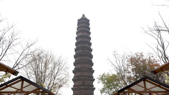 The Kaibao Temple Pagoda in the Iron Tower Park of Kaifeng City, Henan Province, China, was built in 1049 AD. It is the oldest and best-preserved glazed brick pagoda in China.