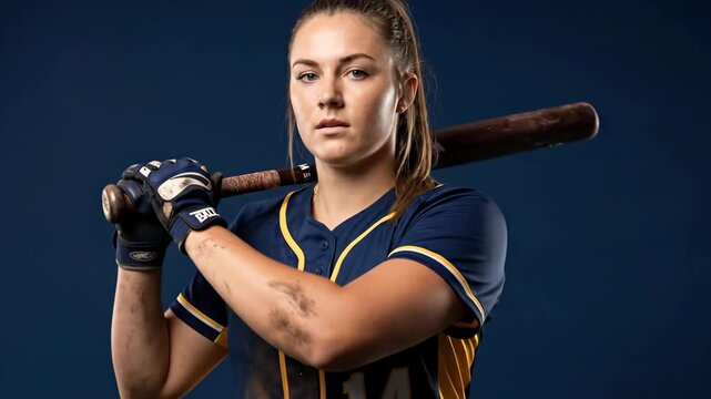 serious caucasian female softball player holding bat behind shoulders. young athlete in uniform posing against dark blue background. sport concept with copy space.
