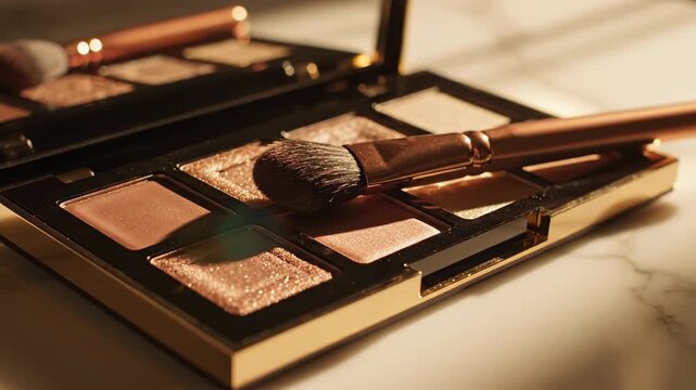 Eye shadow palette with brush in warm light, featuring neutral and shimmering colors in an open compact case