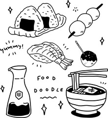 Kawaii Japanese food doodle icon set, cute hand drawn sushi, ramen, onigiri, dango, and takoyaki elements, simple black and white line art vector for restaurant menu and stickers.