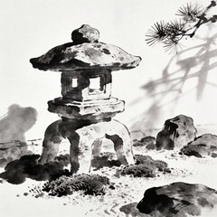 Traditional Japanese stone lantern in minimalist zen garden  