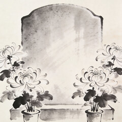 Black and white floral painting with chrysanthemums in pots  