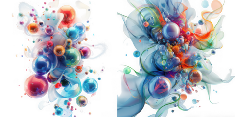 Abstract explosion of colorful bubbles and swirling smoke dynamic composition artistic render on transparent background