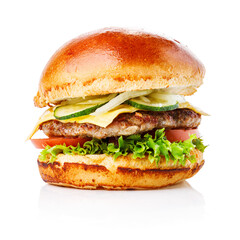 Juicy hamburger with fresh vegetables on white background