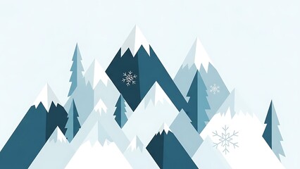 Snowy mountain range with pine trees and snowflakes in shades of blue and white winter landscape