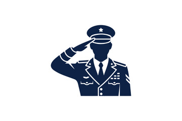 Navy blue military officer saluting with white stripes and badges