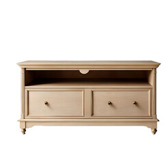 Early american maple wood tv stand with turned legs and simple brass knobs isolated on a empty plain background