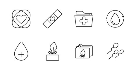 Healthcare and fertility set icon. Heart, bandage, medical folder, drop cycle, blood drop, plant box, plant folders, spermatozoa outlined for medical, eco-health, and donation themes.