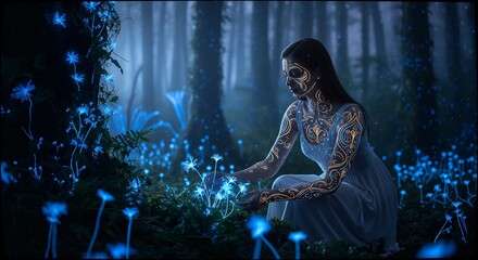 A young woman with glowing bioluminescent patterns on her skin tending to a lush nocturnal forest