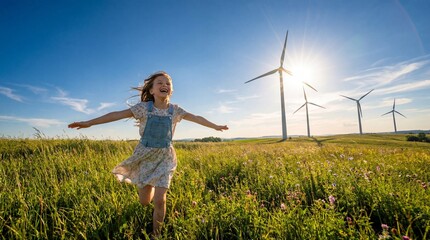 Joyful girl runs with outstretched arms in a sunny field near wind turbines, embracing nature and a sustainable eco-friendly future.