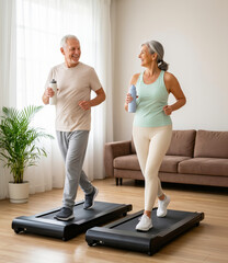Happy senior couple exercising at home on treadmills in bright living room