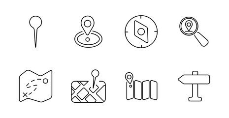 Navigation set icon. Location pin, target, compass, map search, route map, gps, map folded, direction sign showing travel, coordinates, route, wayfinding, journey. © Anastasia