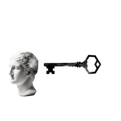 Cloud of particles forming a key from a marble head