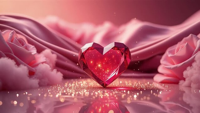 Stunning Heart-Shaped Ruby Gemstone Surrounded by Elegant Pink Drapery and Roses