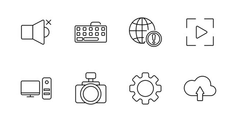 Technology set icon. Mute speaker, keyboard, globe with alert, play button, desktop, camera, gear, cloud upload showing digital access, multimedia, hardware, update.