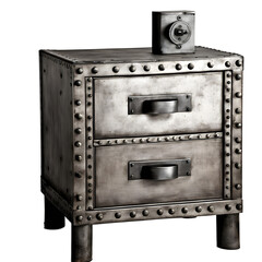 Industrial riveted steel nightstand with rustic drawers