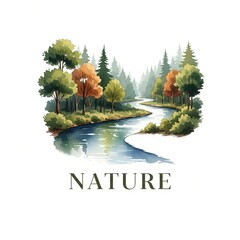 A watercolor style logo for nature with trees and a river